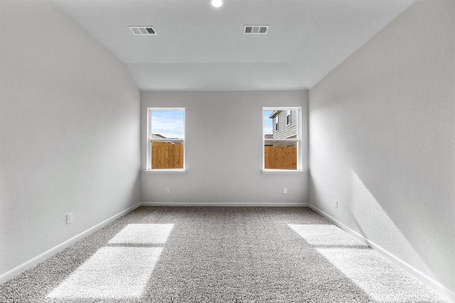 Spare room with carpet flooring and lofted ceiling