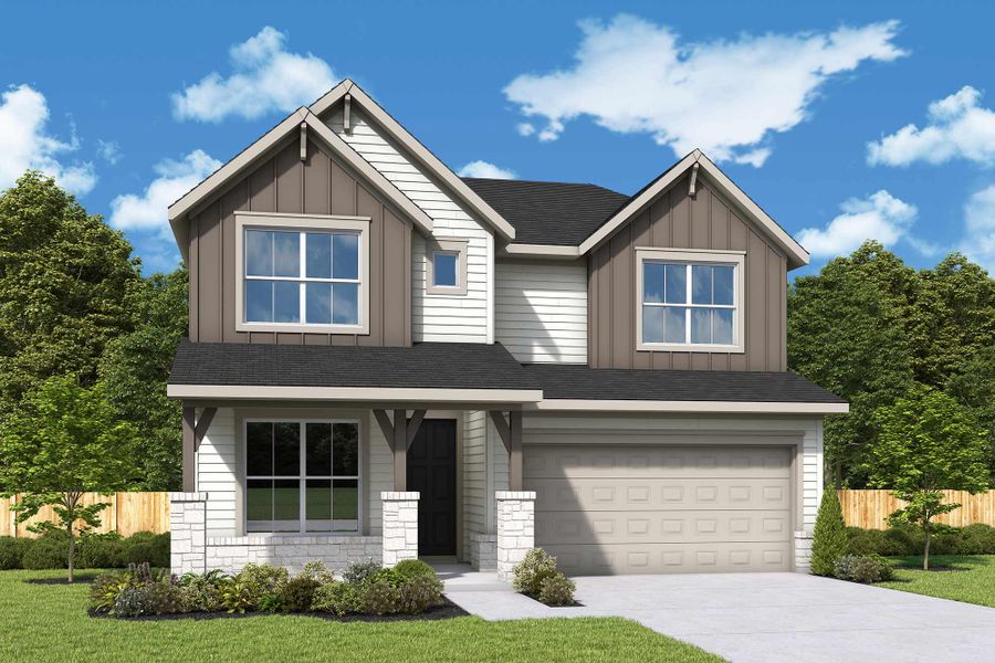 Representative exterior photo of a completed home built from the The Dahlia by David Weekley Homes in Austin Point, Richmond, TX (Image 2). Representative exterior photo of a completed home built from the The Dahlia by David Weekley Homes in Austin Point, Richmond, TX (Image 2).