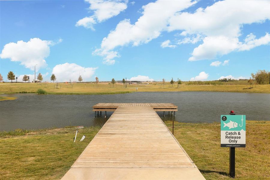 Dock area with a lawn and a water view