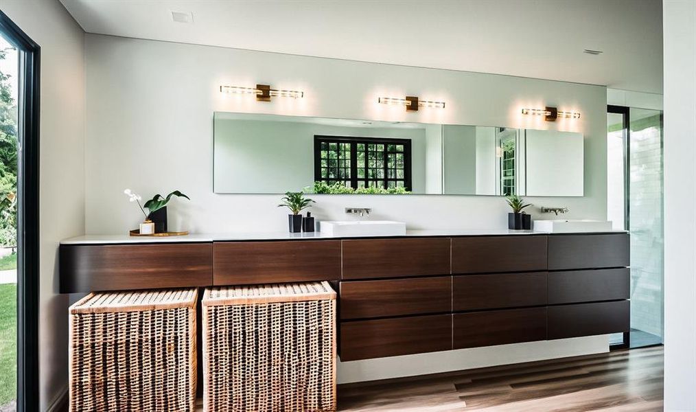 Full bath with double vanity, a healthy amount of sunlight, wood finished floors, and a sink