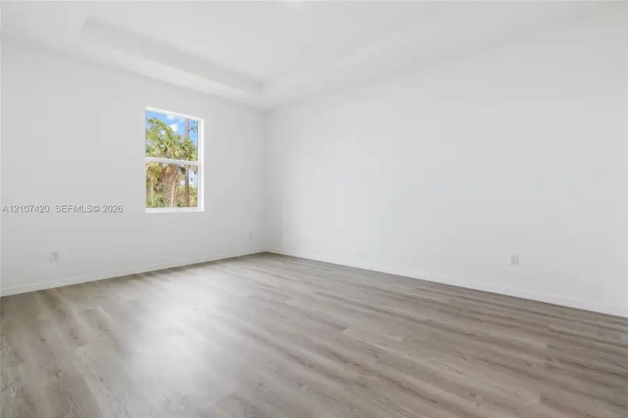 Neutral-toned room featuring a tray ceiling, wood-finish flooring, and a single-pane window Neutral-toned room featuring a tray ceiling, wood-finish flooring, and a single-pane window