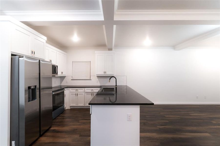 Kitchen with dark wood-style floors, a sink, stainless steel appliances, a peninsula, and dark countertops Kitchen with dark wood-style floors, a sink, stainless steel appliances, a peninsula, and dark countertops
