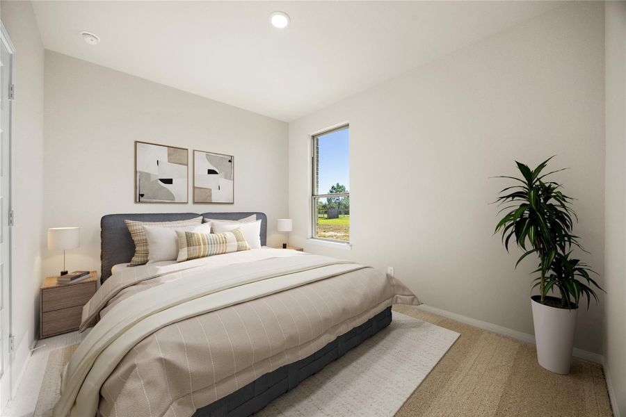 This bright and inviting secondary bedroom is located on the first floor, offering comfort and convenience. The room features a clean, neutral color palette with white walls, light wide-plank flooring throughout and recessed lighting, creating an airy and modern aesthetic. *Virtually Staged This bright and inviting secondary bedroom is located on the first floor, offering comfort and convenience. The room features a clean, neutral color palette with white walls, light wide-plank flooring throughout and recessed lighting, creating an airy and modern aesthetic. *Virtually Staged