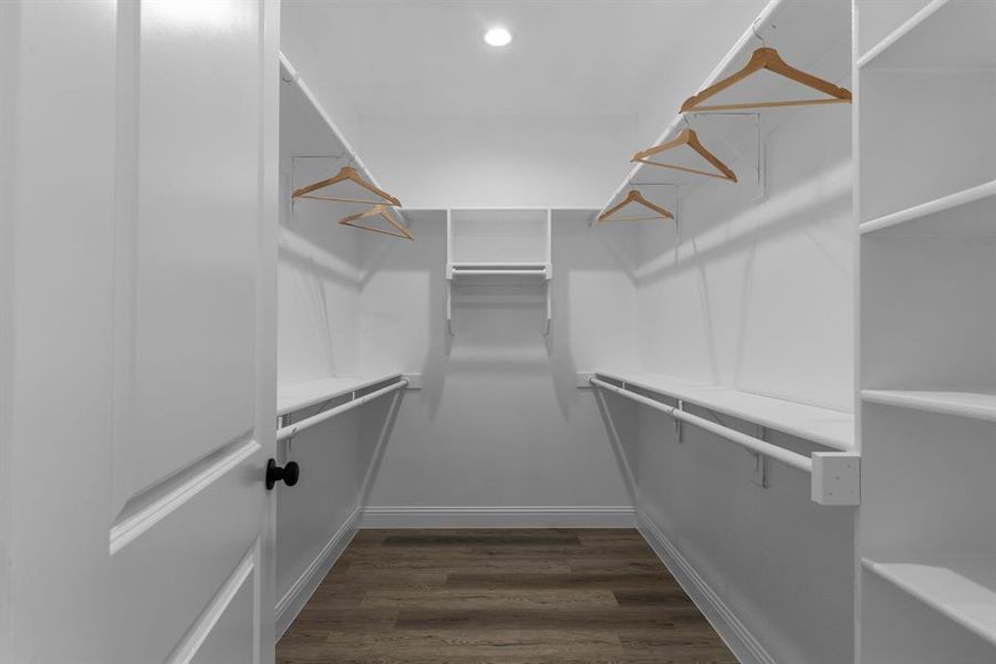 Walk in closet with dark hardwood / wood-style floors