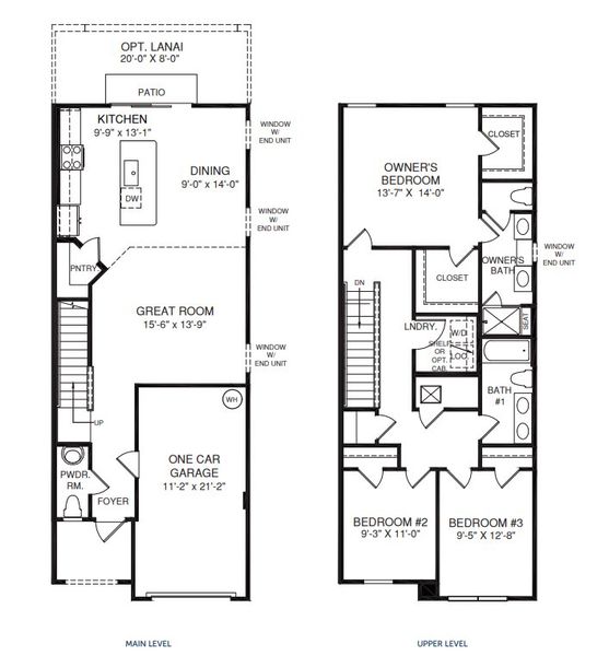 2D floor plan layout for the Mayport by Ryan Homes in Seminole Palms Townhomes, Palm Coast, FL (Image 2).