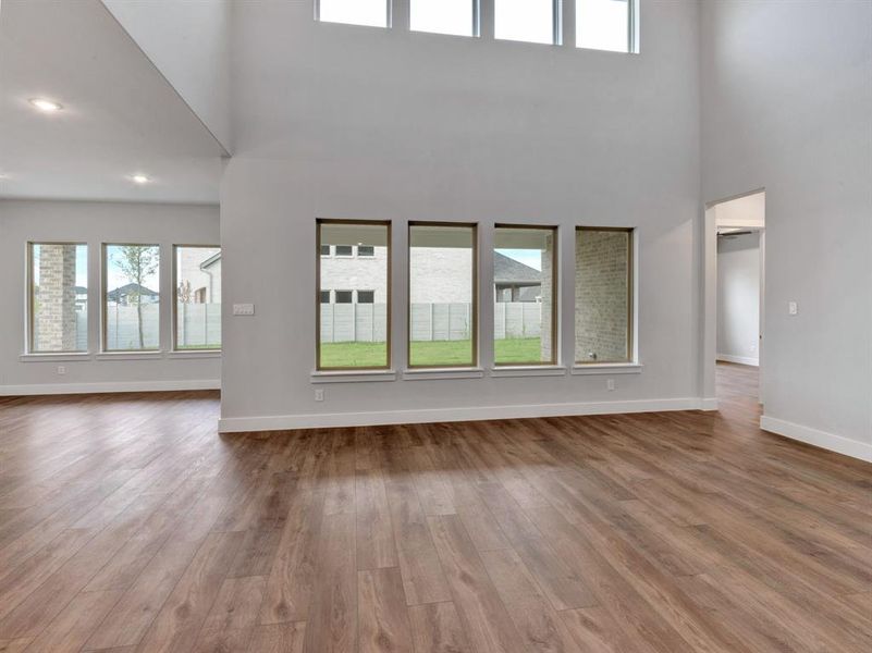 Unfurnished living room with a healthy amount of sunlight, a high ceiling, and hardwood / wood-style flooring