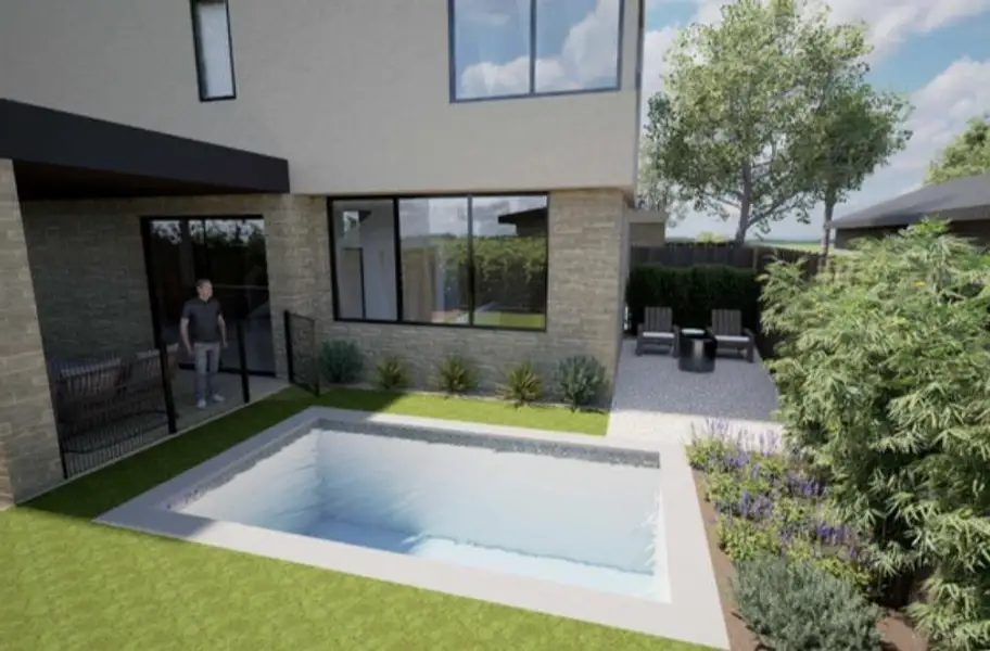 Rear view of house featuring a patio, stucco siding, brick siding, and an outdoor pool