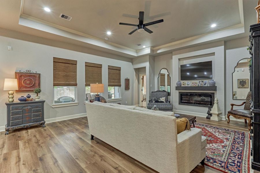 Soaring tray ceiling, and a sleek modern electric fireplace bring warmth and sophistication to this living room. Soaring tray ceiling, and a sleek modern electric fireplace bring warmth and sophistication to this living room.