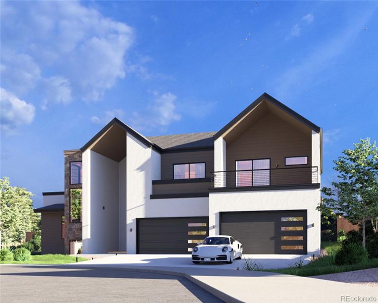 Rendering of new luxury home coming soon showcasing multiple outdoor entertainment areas with panoramic mountain views.