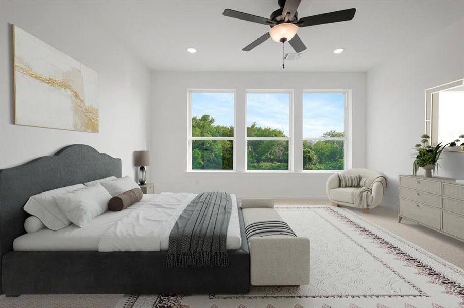 Spacious bedroom featuring multiple windows, a ceiling fan with integrated lighting, recessed lighting, and light-toned walls