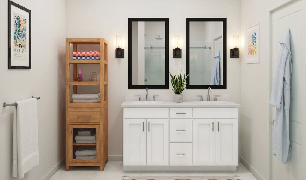 Primary bath with chrome fixtures and black-framed mirrors Primary bath with chrome fixtures and black-framed mirrors