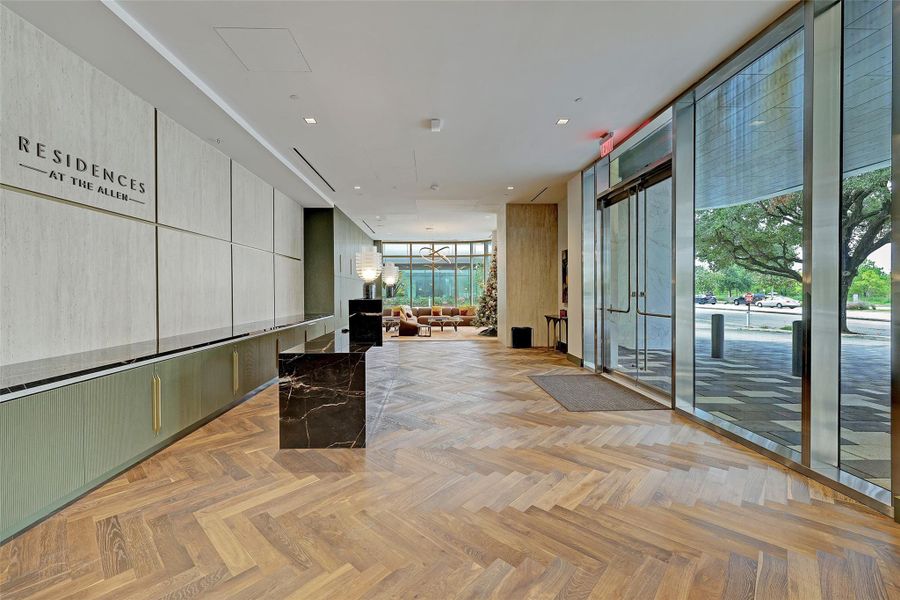 Residents enjoy a private entrance to The Allen, with the concierge team available 24 hours a day to graciously assist with greeting guests, accepting packages, retrieving vehicles, and fulfilling any special requests. Residents enjoy a private entrance to The Allen, with the concierge team available 24 hours a day to graciously assist with greeting guests, accepting packages, retrieving vehicles, and fulfilling any special requests.