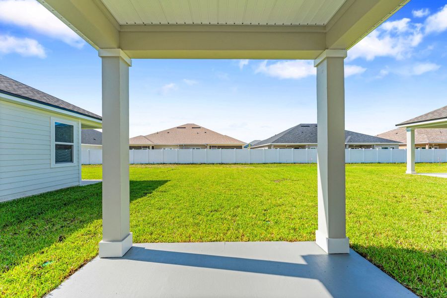 Lot 20 Ponderosa II Covered Patio with View of Backyard and Privacy Fence at Camden Woods in Kingsland, GA