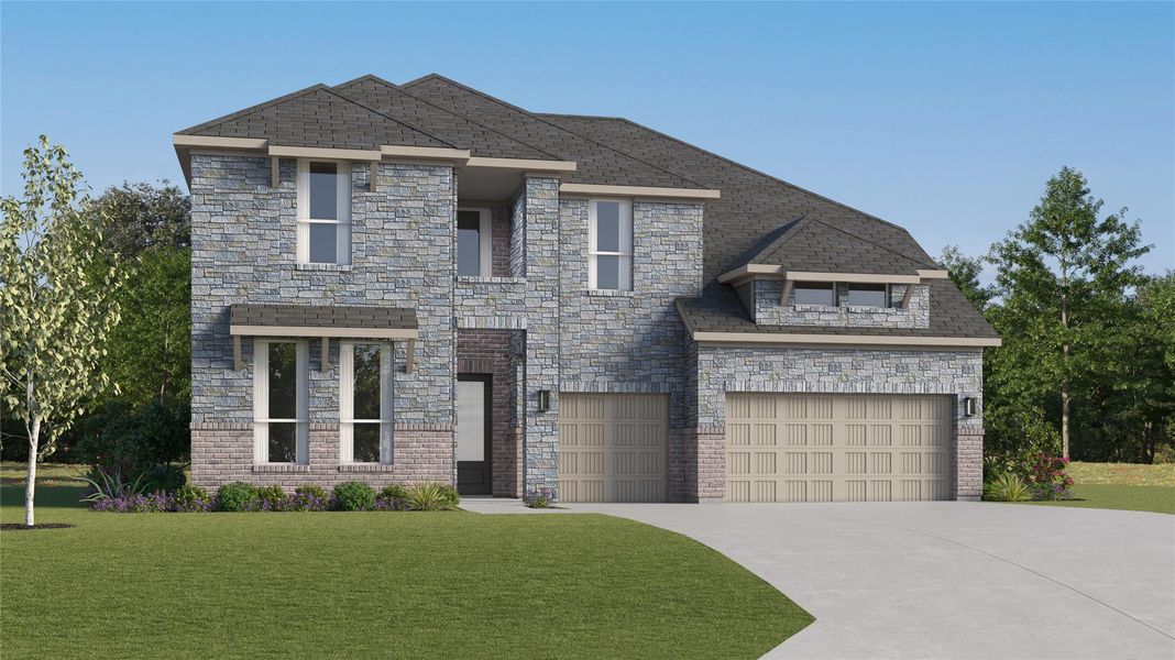 Front exterior of a new home in Lively Ranch, Georgetown, TX, highlighting curb appeal (Image 1). Front exterior of a new home in Lively Ranch, Georgetown, TX, highlighting curb appeal (Image 1).