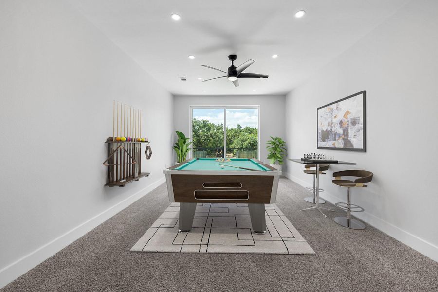 Rec room featuring carpet flooring, recessed lighting, billiards table, ceiling fan, and baseboards Rec room featuring carpet flooring, recessed lighting, billiards table, ceiling fan, and baseboards
