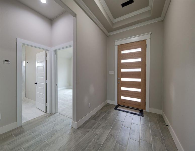 Foyer entrance featuring ornamental molding and a raised ceiling