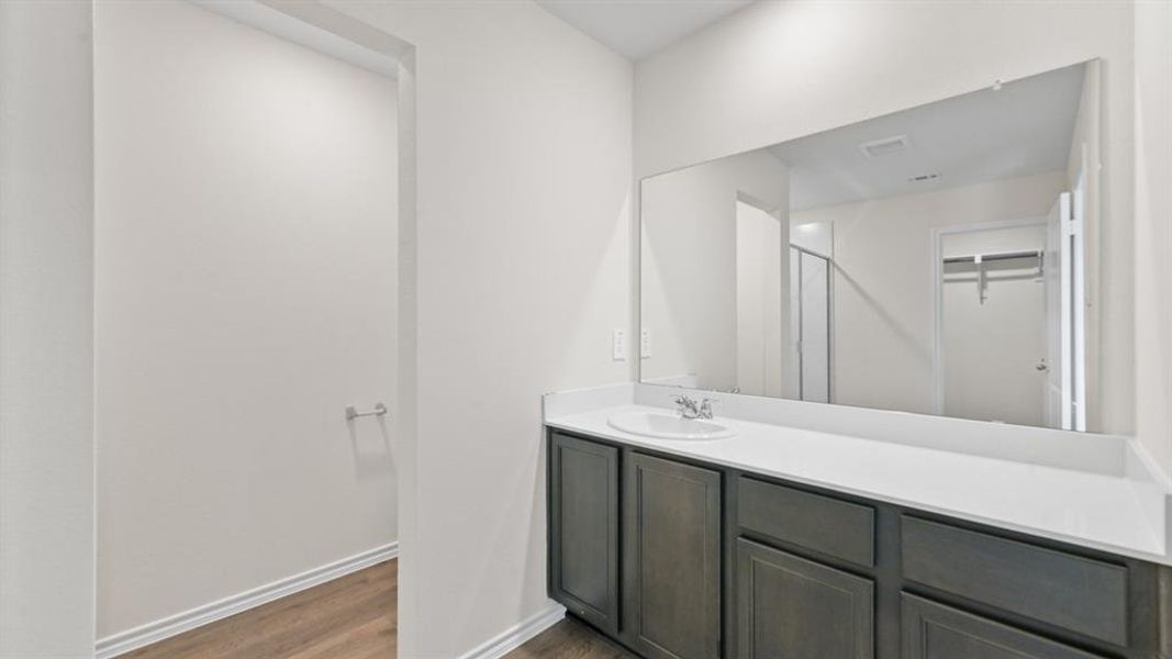 Double vanity with dark wood-finish cabinetry, a single undermount sink, and a spacious countertop