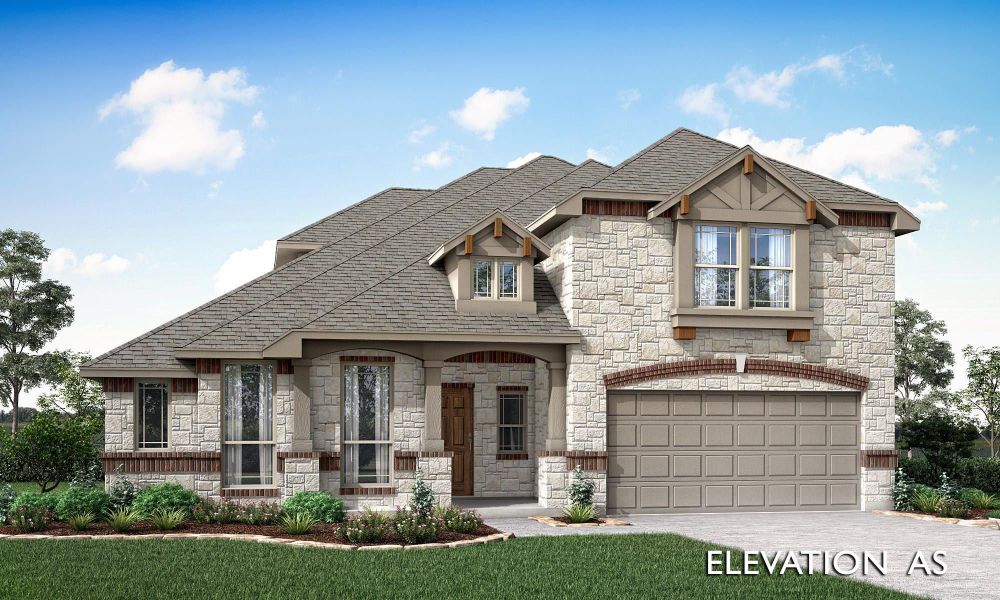 Two-story stone home with craftsman details, two-car garage, and arched entry door, labeled Elevation AS. Two-story stone home with craftsman details, two-car garage, and arched entry door, labeled Elevation AS.