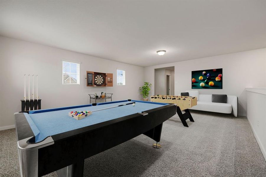 Perfect for entertaining is this amazing game room!  Right upstairs this space would be a fabulous teen hangout, media room, or adult game room complete with pool table and big screen TVs. Featuring plush carpet, high ceilings, neutral paint and windows with privacy blinds.