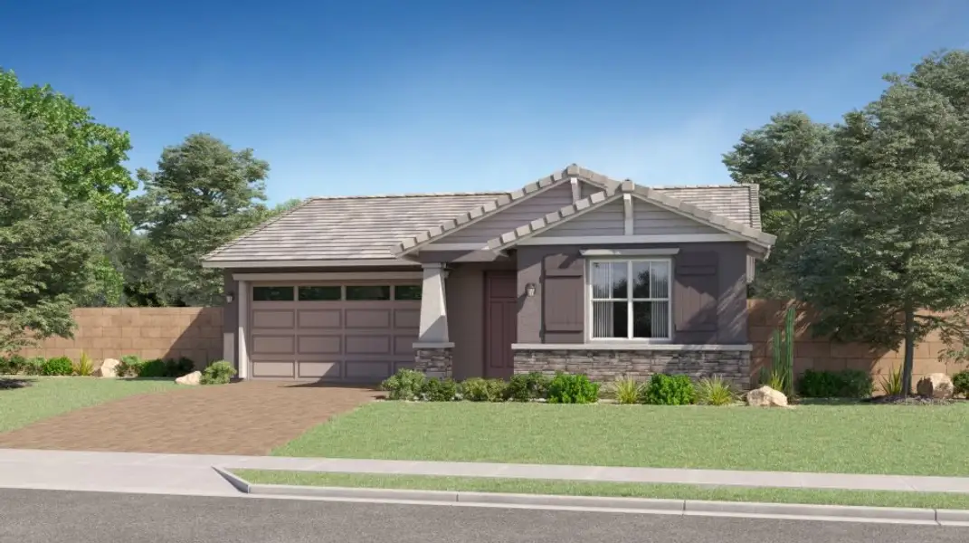 Front exterior of a new home in Aloravita, Peoria, AZ, highlighting curb appeal (Image 1). Front exterior of a new home in Aloravita, Peoria, AZ, highlighting curb appeal (Image 1).
