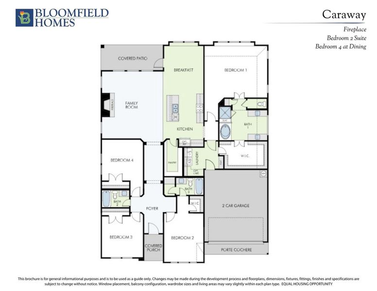 Bloomfield Homes Caraway floor plan with four bedrooms, kitchen, family room, and two-car garage layout. Bloomfield Homes Caraway floor plan with four bedrooms, kitchen, family room, and two-car garage layout.