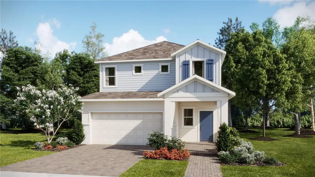 Front exterior of a new home in Waterstone: Manor Collection, Groveland, FL, highlighting curb appeal (Image 1). Front exterior of a new home in Waterstone: Manor Collection, Groveland, FL, highlighting curb appeal (Image 1).