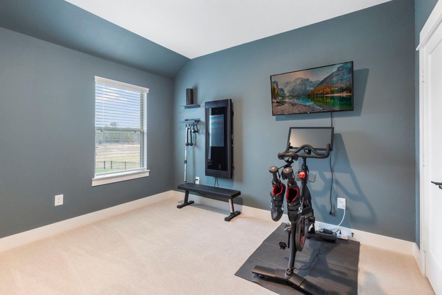 This is a bright, modern home gym with a stationary bike, wall-mounted TV, and fitness equipment, featuring soft carpet and a large window for natural light.