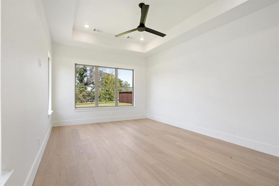 Unfurnished room featuring light hardwood / wood-style flooring, ceiling fan, and a raised ceiling