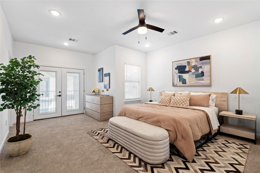 Spacious primary suite with room to unwind, featuring double doors that open to your private balcony. Spacious primary suite with room to unwind, featuring double doors that open to your private balcony.