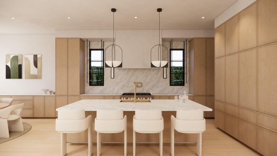 Artist Rendering of Gourmet Kitchen Features custom site-built cabinets, Large quartz island w/ Designer selected pendants, quartz backsplash, pot filler & High end appliance package including 48in Thermador Range & Fridge. An open Breakfast room to the left of the Kitchen offers additional dining space.