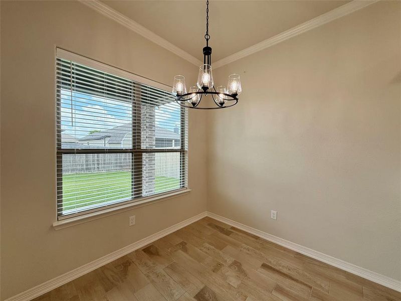 Unfurnished room with a chandelier, light wood-style flooring, and crown molding