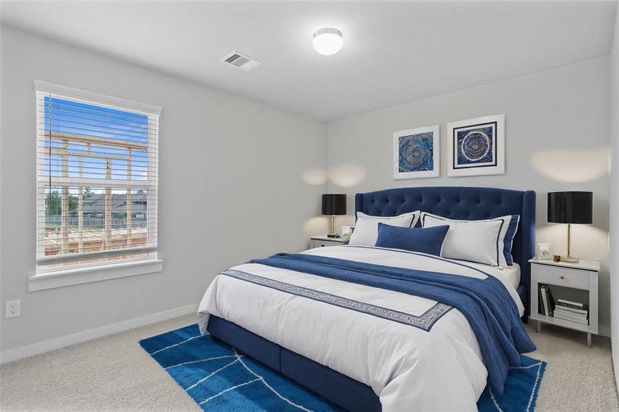 Secondary bedroom features plush carpet, custom paint, high ceilings, and a large window with privacy blinds.