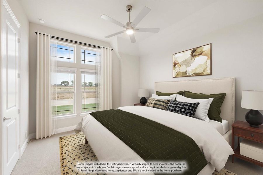 Bedroom with vaulted ceiling, ceiling fan, large windows, and neutral carpet flooring