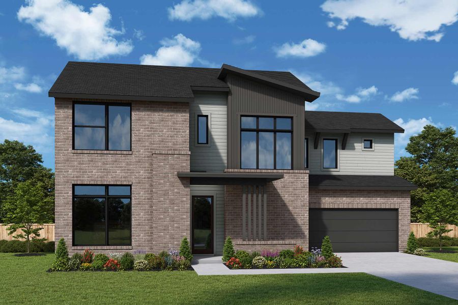 Front exterior of a new home in Easthaven at Bridgeland Central - Horizon Collection, Cypress, TX, highlighting curb appeal (Image 2). Front exterior of a new home in Easthaven at Bridgeland Central - Horizon Collection, Cypress, TX, highlighting curb appeal (Image 2).