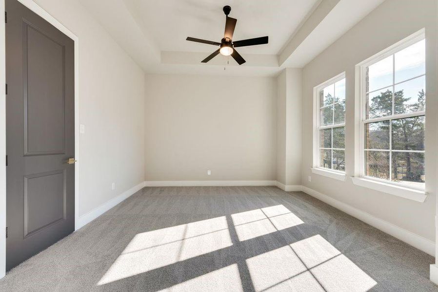 Carpeted empty room with ceiling fan and a tray ceiling