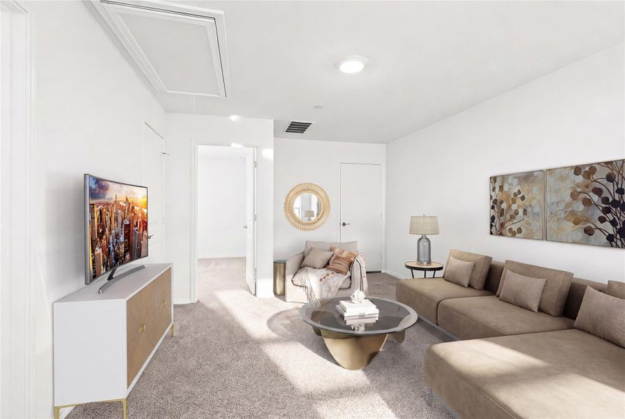 A comfortable family room with neutral carpet, bathed in natural light, offers an inviting space for relaxation. Some elements digitally staged.