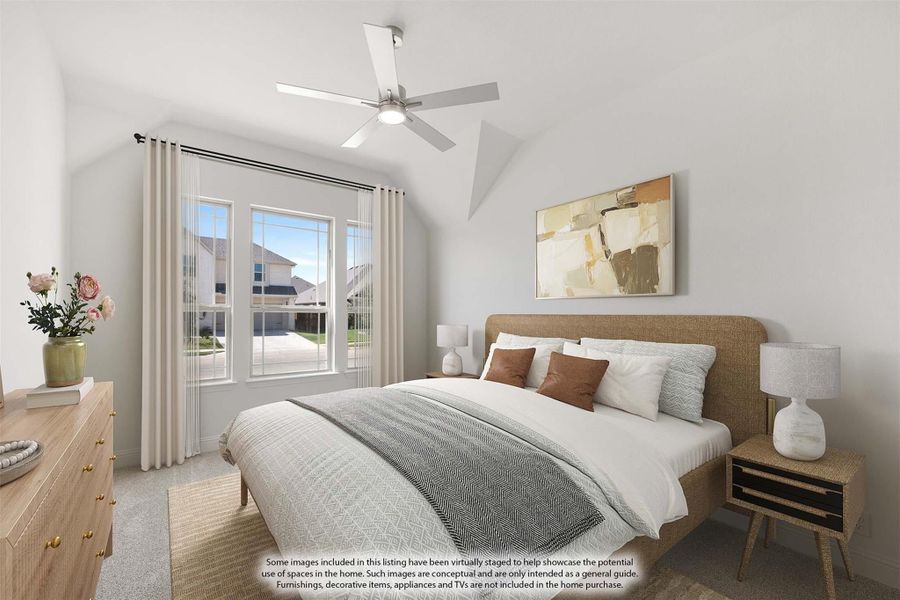 Bedroom with vaulted ceiling, ceiling fan, large windows, and neutral decor with wood dresser and nightstands