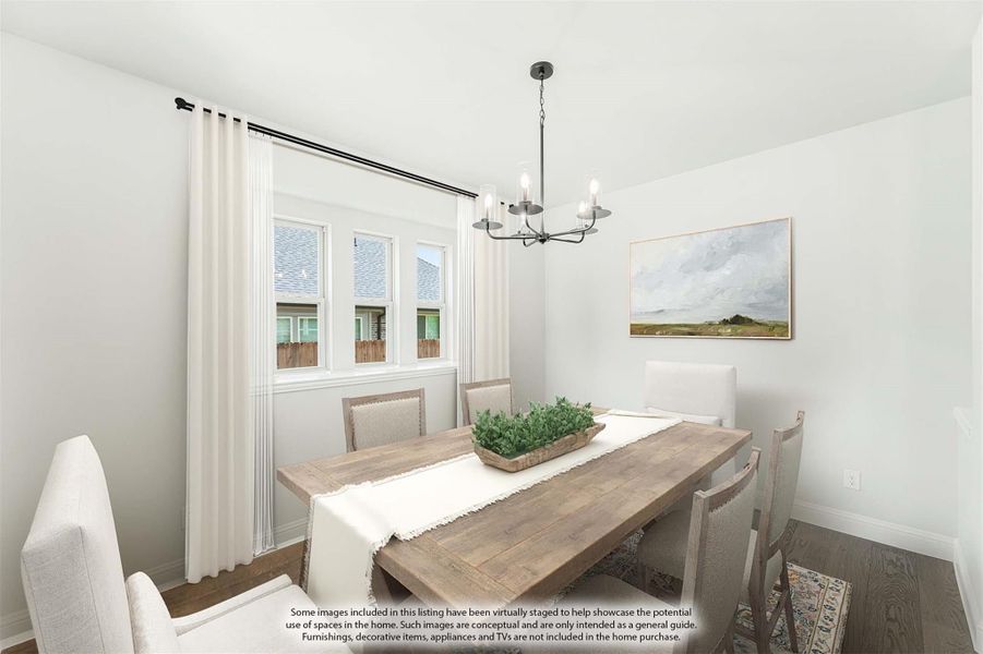 Dining room with wood table, upholstered chairs, black chandelier, and large window with white curtains Dining room with wood table, upholstered chairs, black chandelier, and large window with white curtains