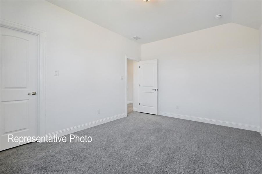 Unfurnished room with lofted ceiling and carpet