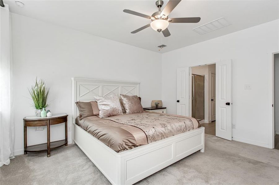 The bedroom features light gray carpeting, a ceiling fan with integrated lighting, and white walls