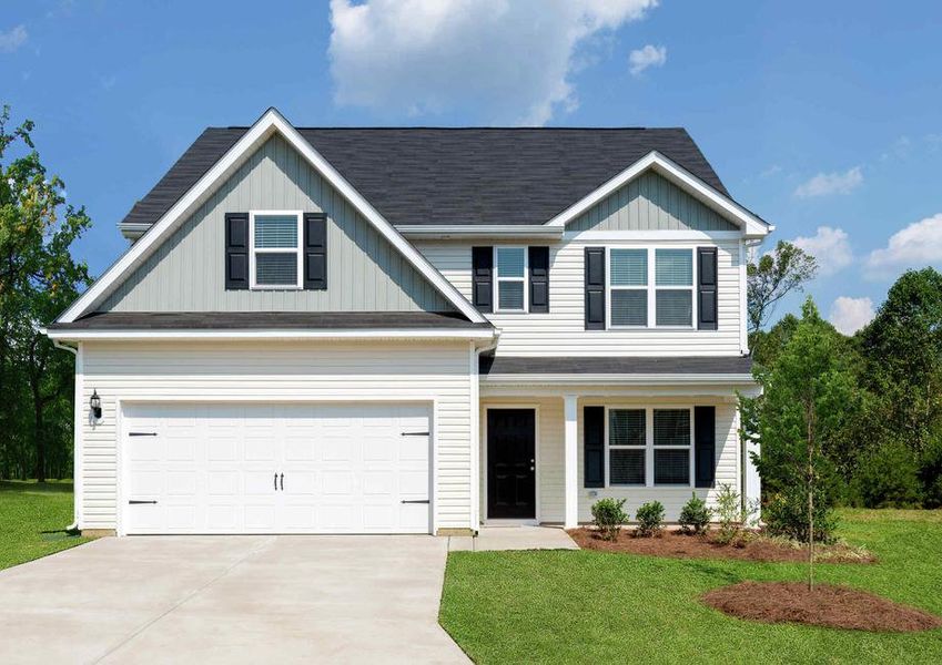 Hartford street view with green lawn and trees, two-tone finished siding, and dual-car garage door