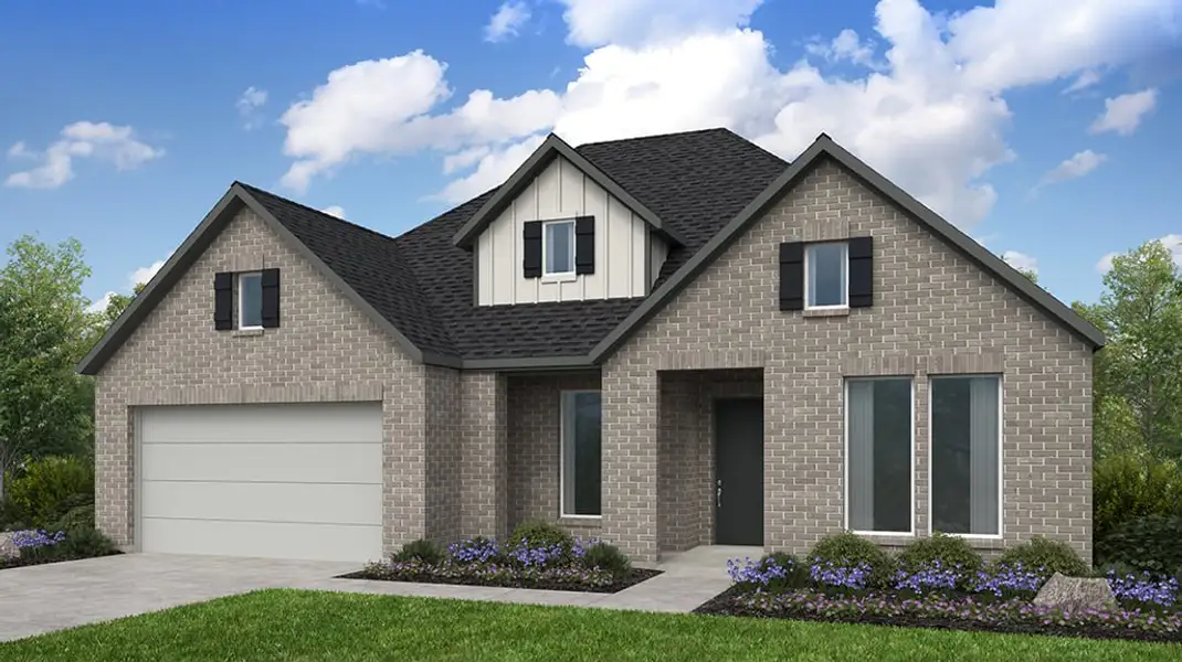 Representative exterior photo of a completed home built from the Blakely by Taylor Morrison in Blue Creek Trails, Richmond, TX (Image 1). Representative exterior photo of a completed home built from the Blakely by Taylor Morrison in Blue Creek Trails, Richmond, TX (Image 1).