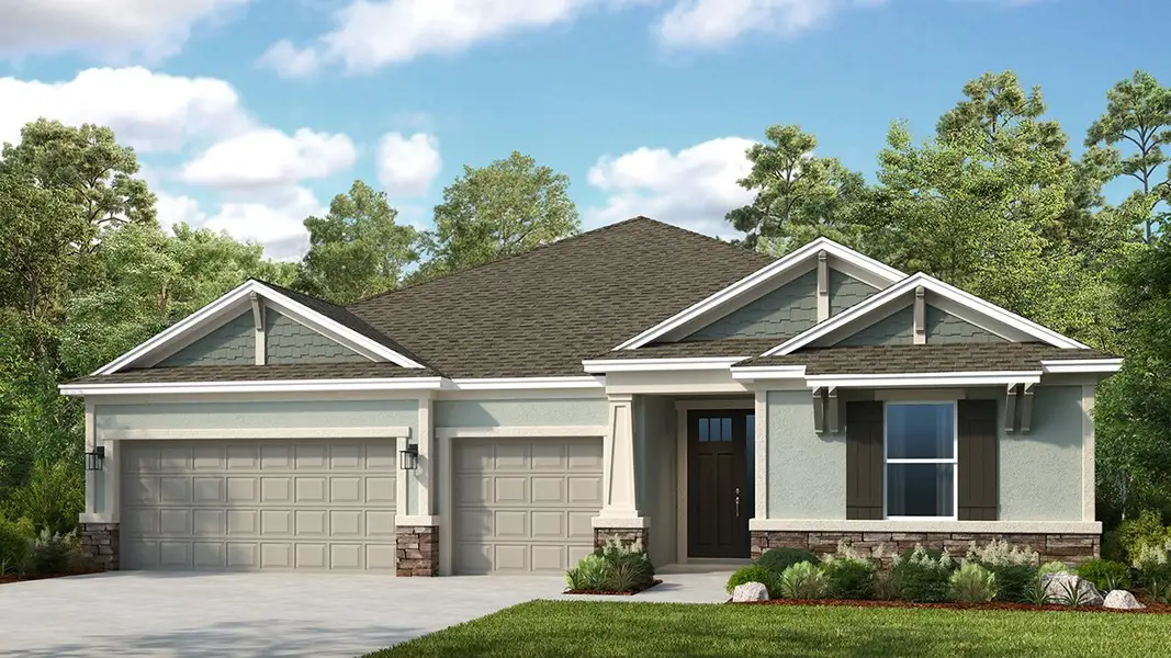 Front exterior of a new home in Center Lake Ranch Community Group Page, St. Cloud, FL, highlighting curb appeal (Image 1). Front exterior of a new home in Center Lake Ranch Community Group Page, St. Cloud, FL, highlighting curb appeal (Image 1).