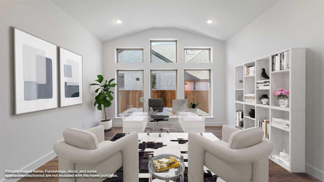 Living room featuring dark wood-type flooring and lofted ceiling