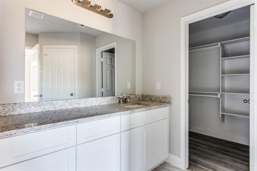 Bathroom featuring double vanity, a spacious closet, and dark wood finished floors