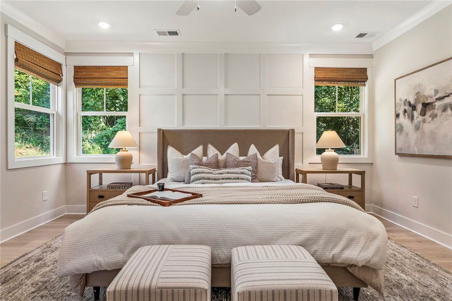 This tranquil bedroom offers a serene retreat with This tranquil bedroom offers a serene retreat with