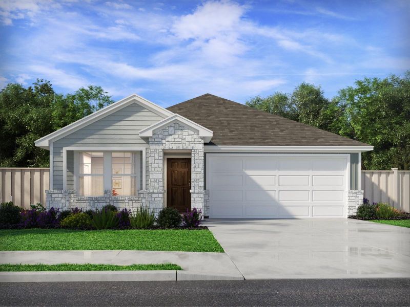 Front exterior of a new home in Lexington Parke, Del Valle, TX, highlighting curb appeal (Image 1). Front exterior of a new home in Lexington Parke, Del Valle, TX, highlighting curb appeal (Image 1).