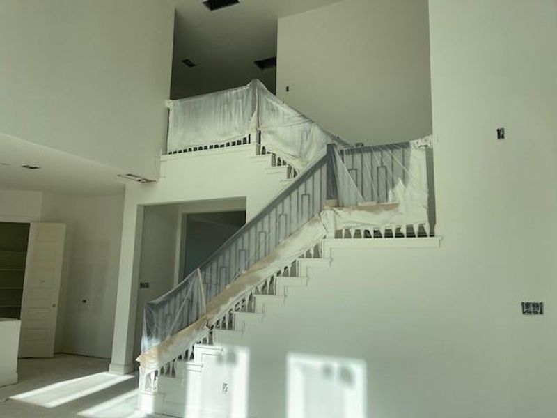 Stairway featuring a towering ceiling