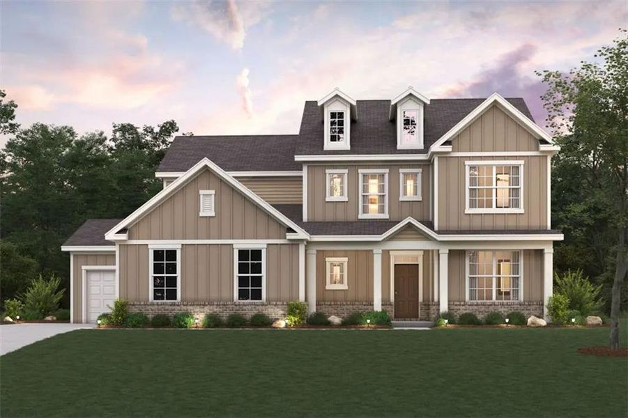 Front exterior of a new home in Windsong Estates, McDonough, GA, highlighting curb appeal (Image 1). Front exterior of a new home in Windsong Estates, McDonough, GA, highlighting curb appeal (Image 1).