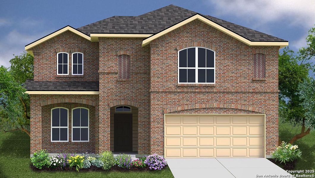 Front exterior of a new home in Brookstone Creek, San Antonio, TX, highlighting curb appeal (Image 1).